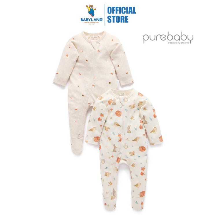 Purebaby Organic 2 Pack Zip Growsuit - Cloud Woodland Print