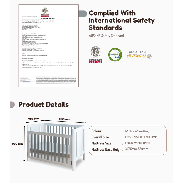 Funbies Joyce Baby Cot Set (White + Grey) (70 x 130cm) | 4in1 Baby Cot