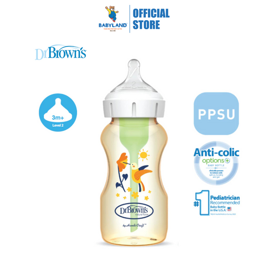 Dr Brown's Anti-Colic Options+ PPSU Wide Neck Bottle 270ml 1Pc - Bird / Level 2 Teat