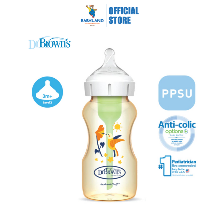 Dr Brown's Anti-Colic Options+ PPSU Wide Neck Bottle 270ml 1Pc - Bird / Level 2 Teat