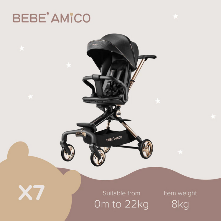 Bebe Amico UPF50+ sun canopy 360° seat unit Two Ways Facing Stroller X7 - Black