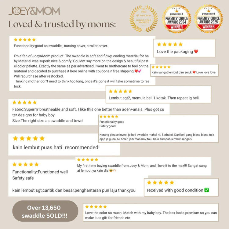 Joey & Mom Luxuriously Soft Bamboo Cotton Baby Swaddle (Set of 3) | Eczema Friendly