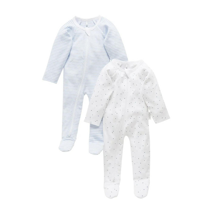 Purebaby Organic 2 Pack  Zip Growsuit -  Pale Blue set (polka dot and stripe)