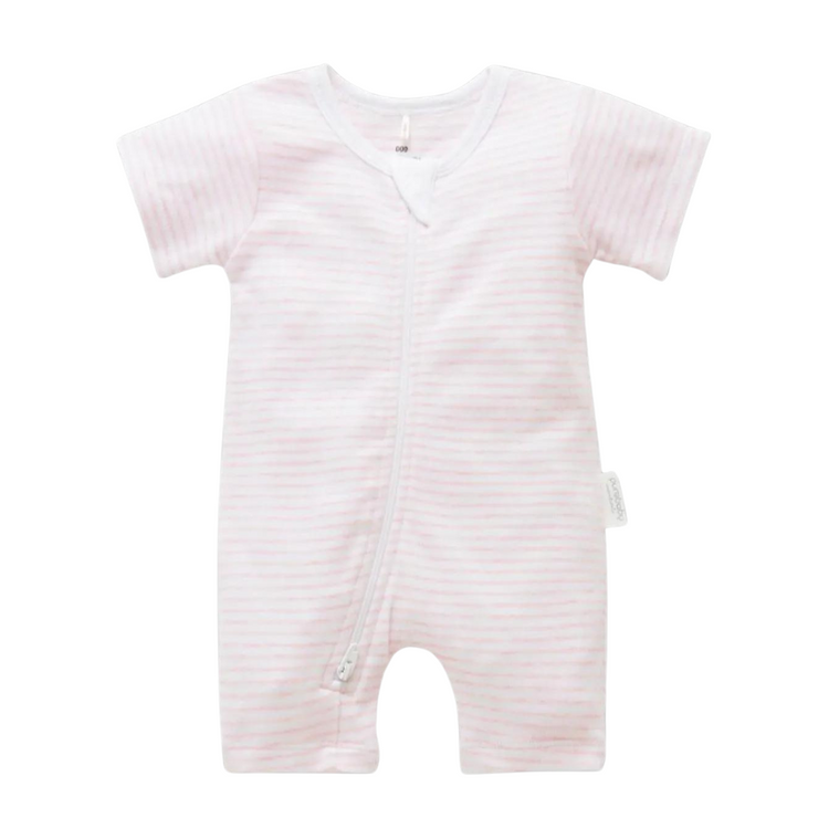 Purebaby Organic Short Leg Zip Growsuit - Pale Pink Melange Stripe