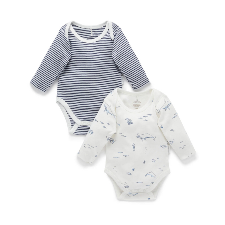 Purebaby 2 Pack Organic Easy Neck Long Sleeve Bodysuit - Vanilla Nautical Print