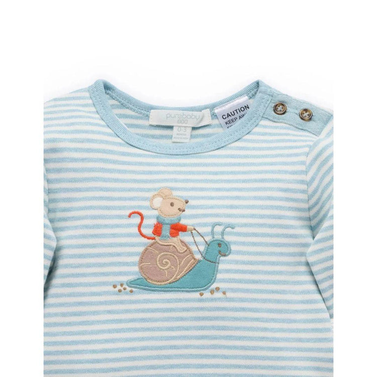 Purebaby Organic Moonstone Stripe Print Thick Appliqued Bodysuit