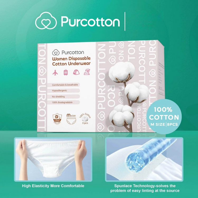 Purcotton 100% Cotton Women Disposable Cotton Underwear M/L Size (8pcs)