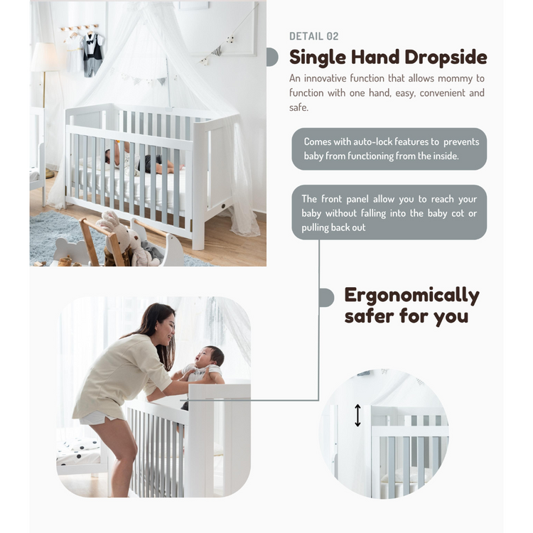 Funbies Joyce Baby Cot Set (White + Grey) (70 x 130cm) | 4in1 Baby Cot