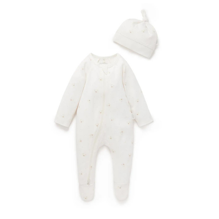 Purebaby Organic Zip Growsuit & Hat Pack - Vanilla Bear