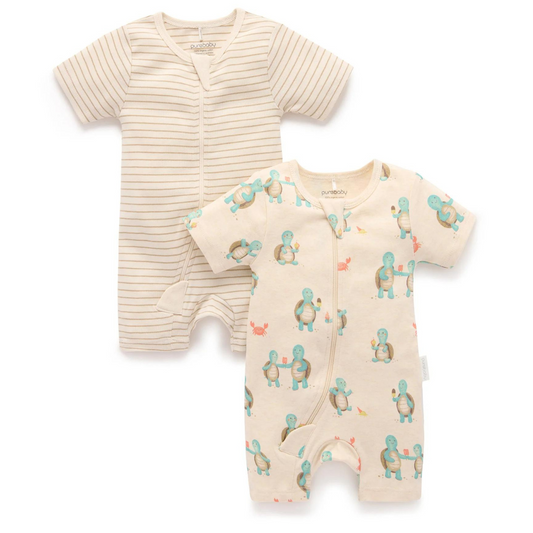 Purebaby Organic 2 Pack Short Zip Growsuit Hungry Turtles