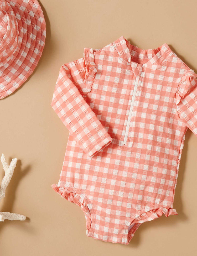 Purebaby Organic Baby Kids Frilly Long Sleeve Swimsuit Coral Gingham