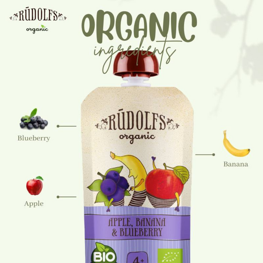 Rudolfs Organic Apple, Banana And Blueberry Puree 110g (6m+)