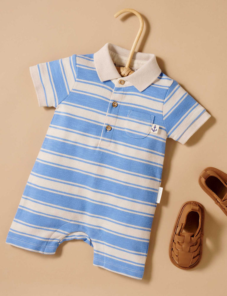 Purebaby Organic Striped Polo Growsuit Ocean Stripe