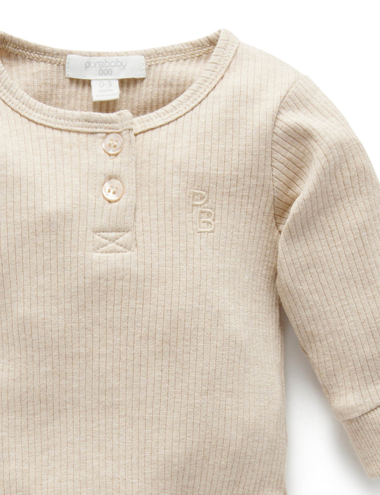 Purebaby Organic Rib Henley Bodysuit - Biscuit Melange