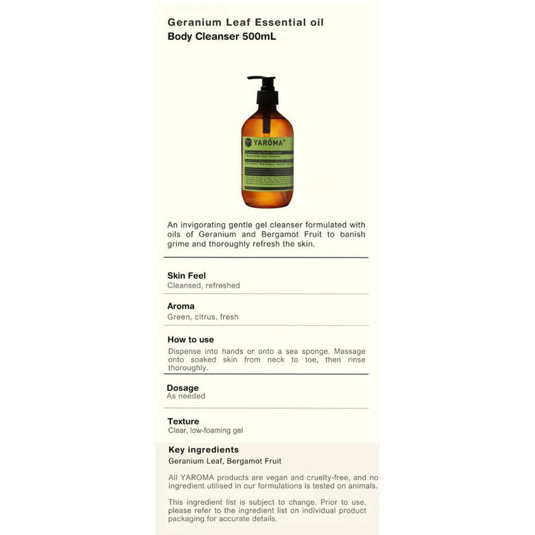Yaroma Geranium Body Cleanser 500 mL | Natural Essential Oils