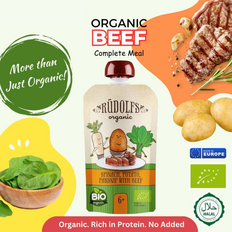 Rudolfs Organic Spinach, Potato, Parsnip With Beef 110g (6m+)