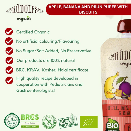 Rudolfs Organic Apple, Banana And Prune Puree With Biscuits 110g (6m+)