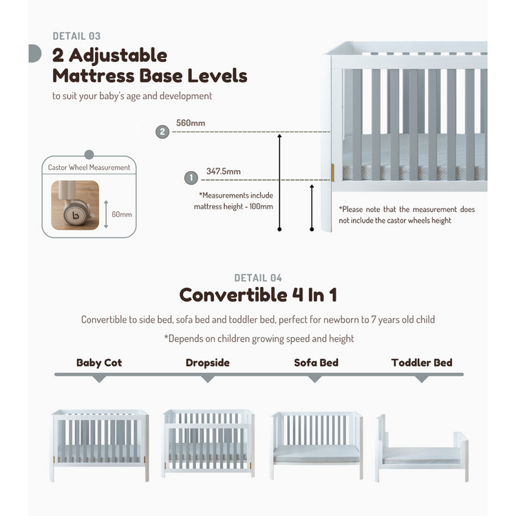 Funbies Joyce Baby Cot Set (White + Grey) (70 x 130cm) | 4in1 Baby Cot