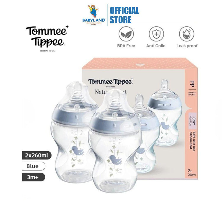 Tommee Tippee Natural Start PP Decorated Bottle (2x260ml) - Blue – BPA-free, Soft Silicone Teat, Anti-Colic Valve