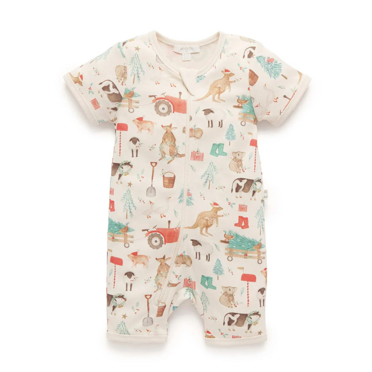 Purebaby Organic Short Sleeve Zip Growsuit Farmyard Christmas