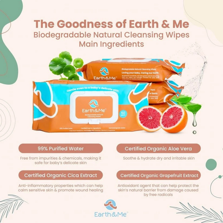 Earth & Me Biodegradable Natural Cleansing Wipes 50'S (99% Water)