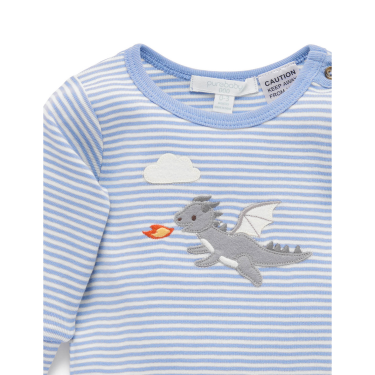 Purebaby Organic Dragon Applique Bodysuit - Pond Mini Stripe Print