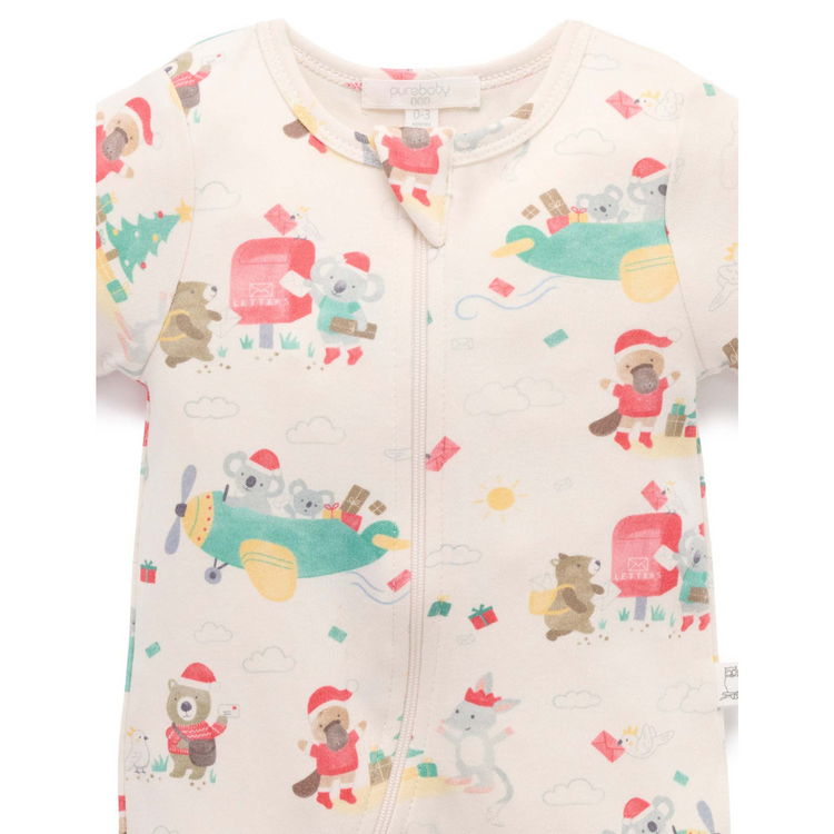 Purebaby Organic Short Sleeve Zip Growsuit - Christmas Wishes Print