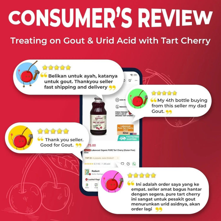 Lakewood Gluten Free Organic Pure Tart Cherry Juice (32oz) - Gout Relieve & Insomnia