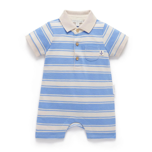 Purebaby Organic Striped Polo Growsuit Ocean Stripe