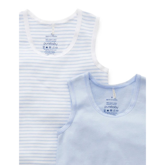 Purebaby 2 Pack Organic RIB  Singlet Bodysuit - Pale Blue Pack