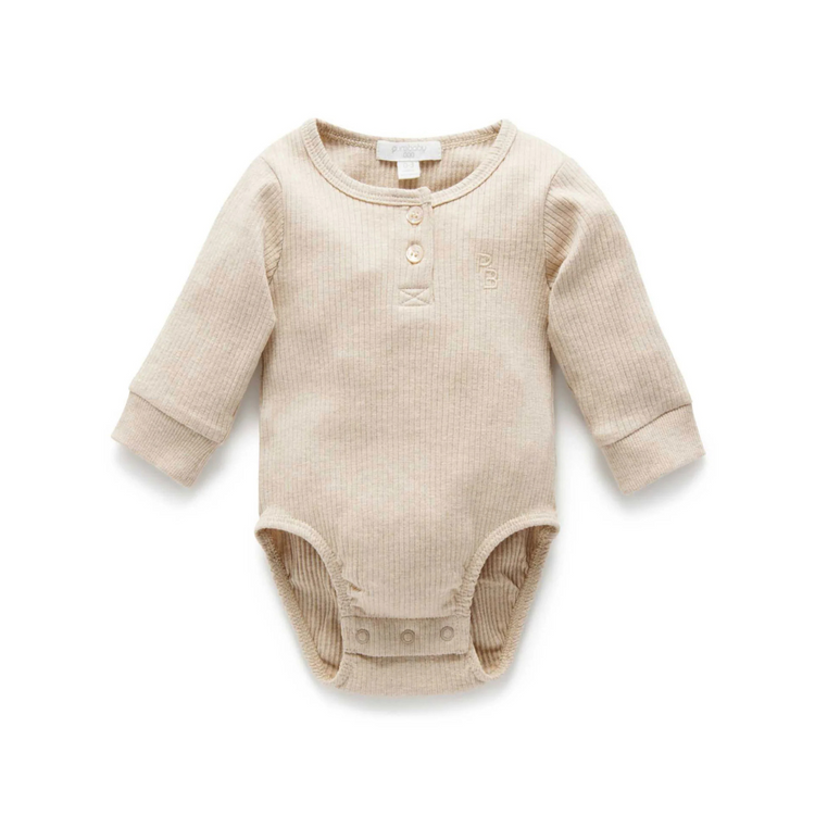 Purebaby Organic Rib Henley Bodysuit - Biscuit Melange