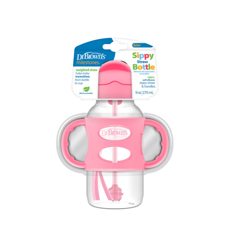 Dr Brown's Anti-Colic Options+ PP Wide Neck Sippy Straw Bottle With Handle - 270ml (6m+)