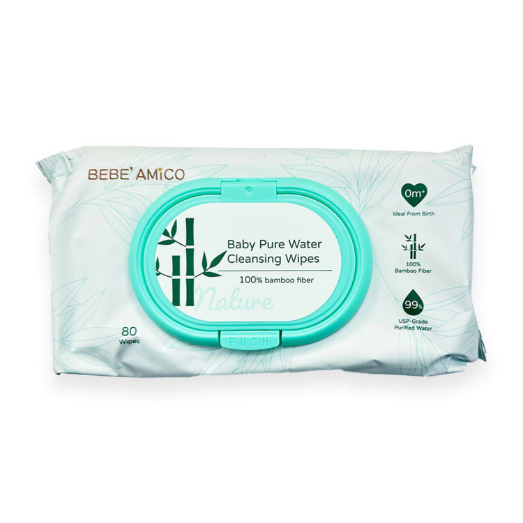 Bebe Amico Baby Pure Water Cleansing Wipes (80pcs) - 100% Bamboo Fibre [Exp: Oct 2027]