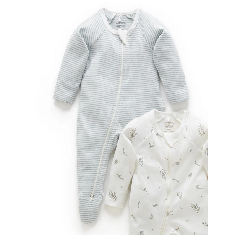 Purebaby 2 Pack Organic Zip Growsuit - Vanilla Ecualyptus Print