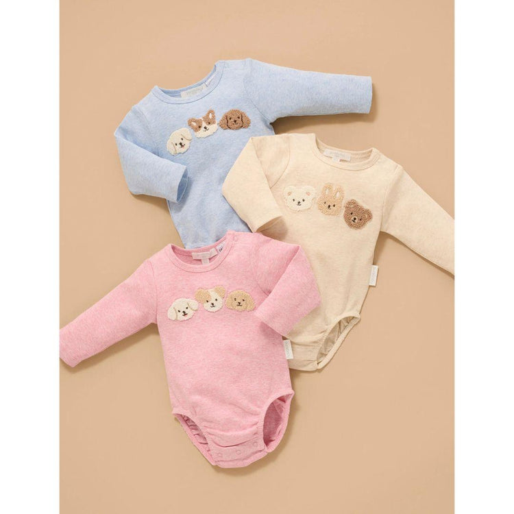Purebaby Organic Wheat Melange Print Baby Bear Applique Bodysuit
