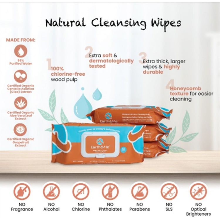 Earth & Me Biodegradable Natural Cleansing Wipes 50'S