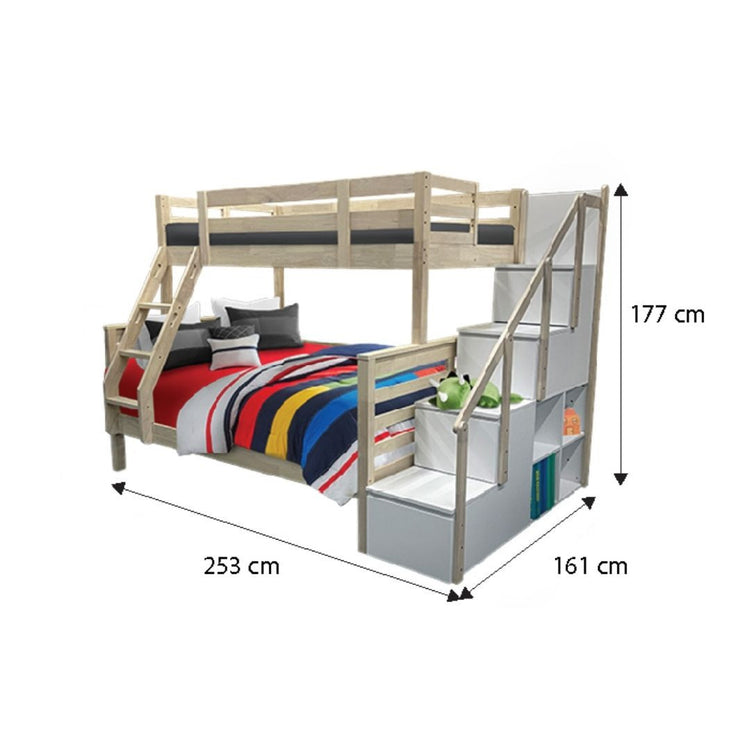 Snoozeland Huckleberry Super Single over Queen Bunk Bed with Staircase and Pull Out Single Raising Trundle