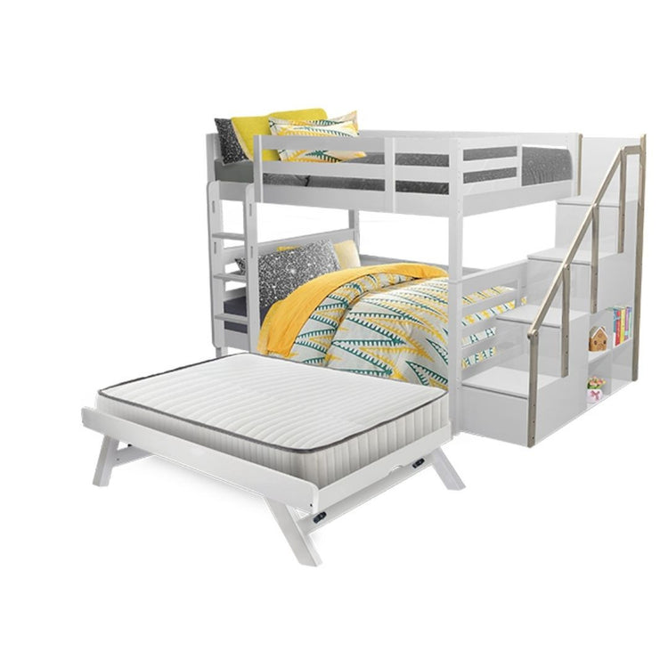 Snoozeland Snowberry Super Single Bunk Bed with Staircase and Pull Out Single Raising Trundle