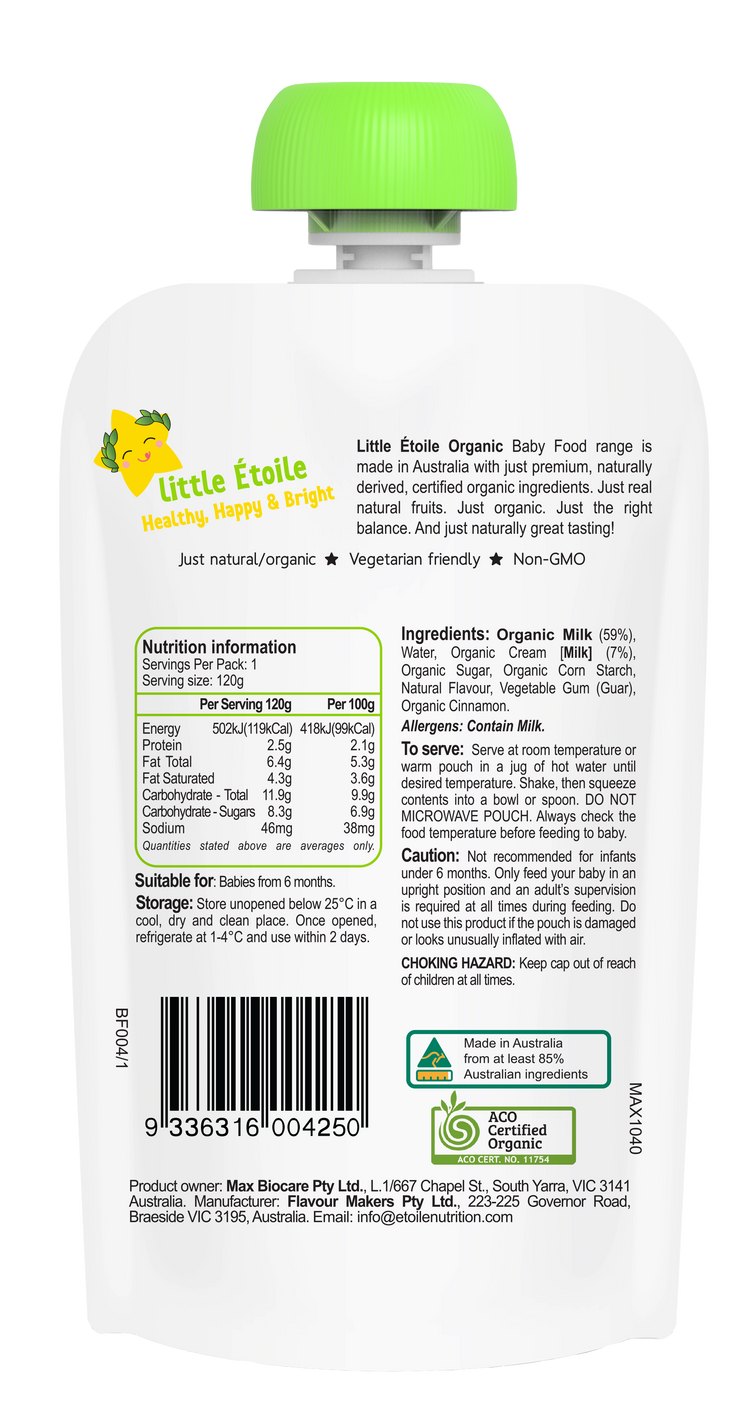 Little Etoile Organic Baby Puree - Vanilla Flavoured Custard (6m+)