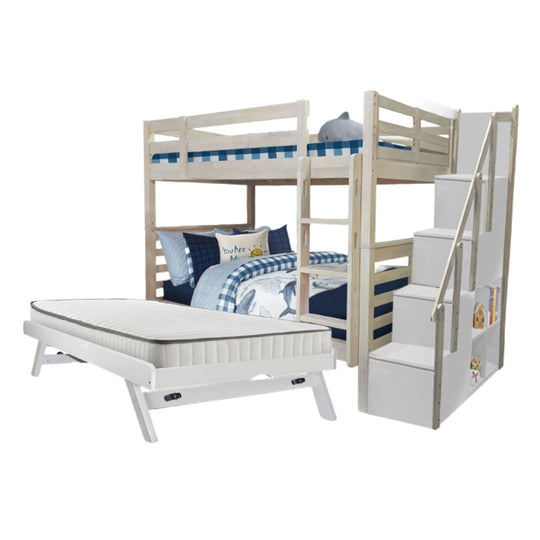 [PRE-ORDER] Snoozeland Huckleberry Super Single Bunk Bed with Staircase and Pull Out Single Raising Trundle
